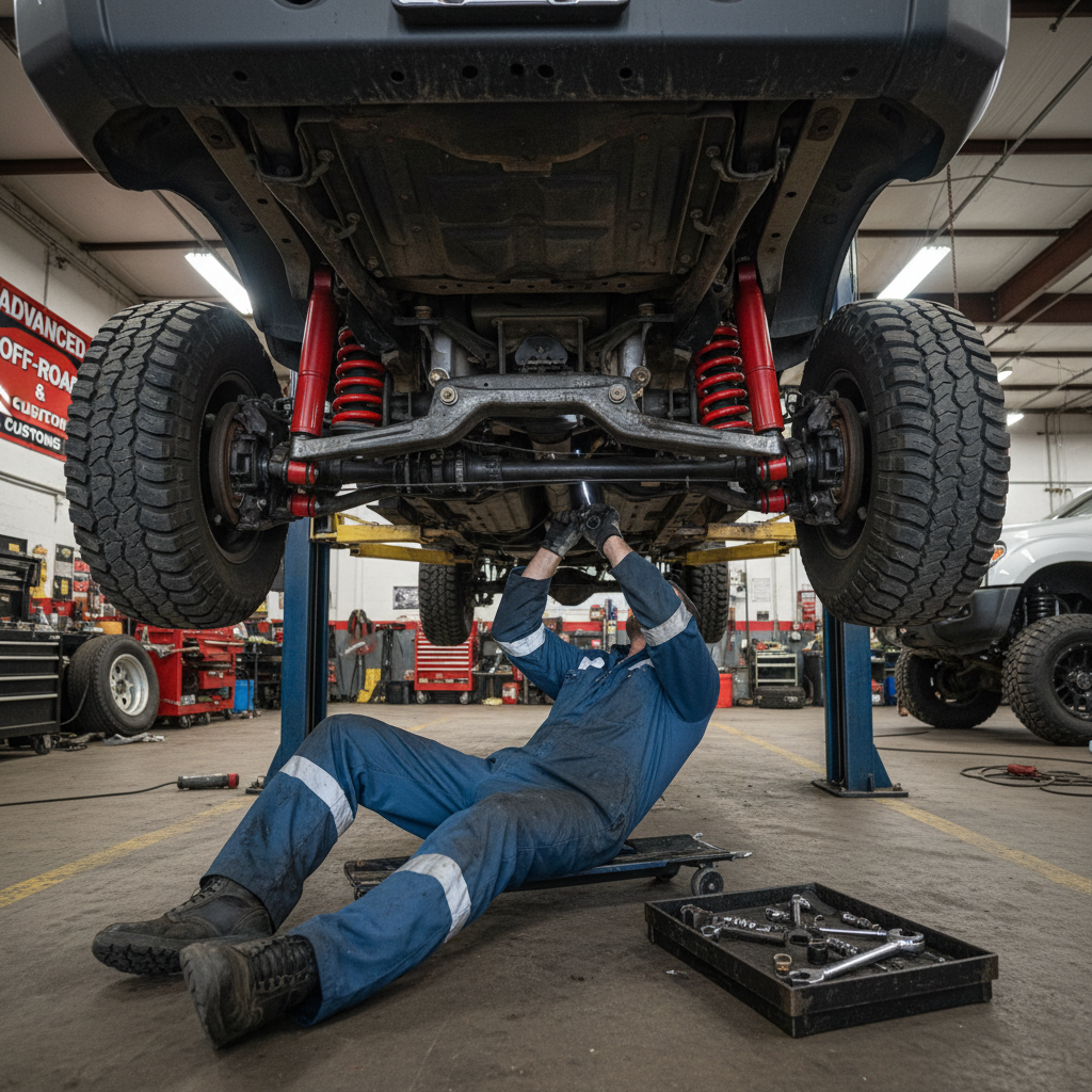 A mechanic working underneath a lifted truck inspecting suspension components, shock absorbers and control arms visible, professional automotive shop environment, realistic photo