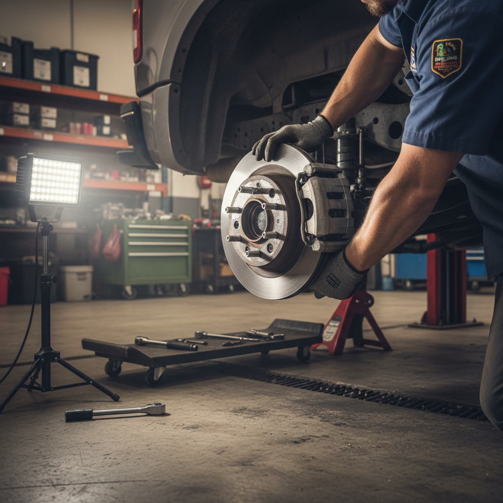 Mechanic replacing brake pads and rotors on a lifted pickup truck