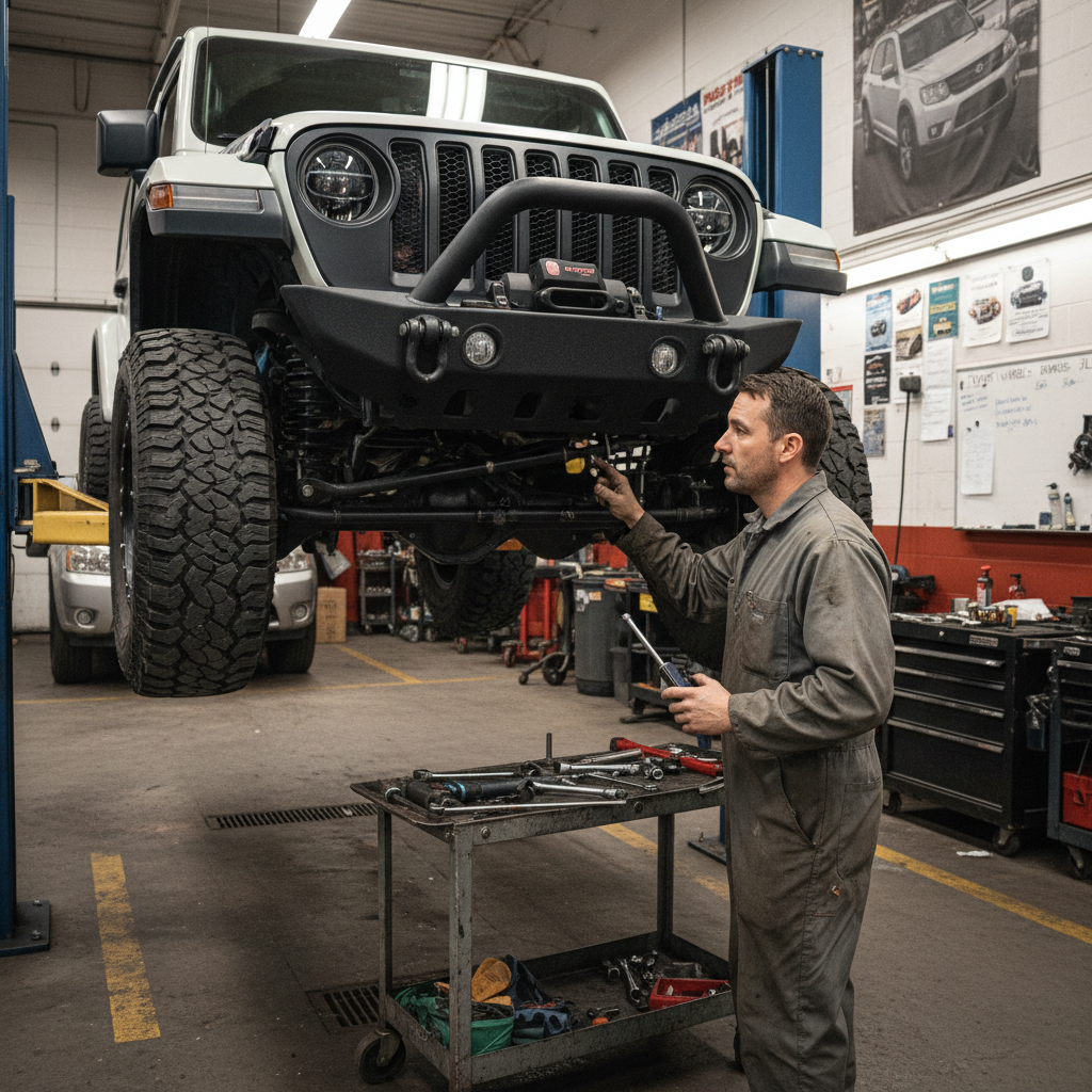 Mechanic inspecting front axle and steering on a lifted Jeep diagnosing death wobble