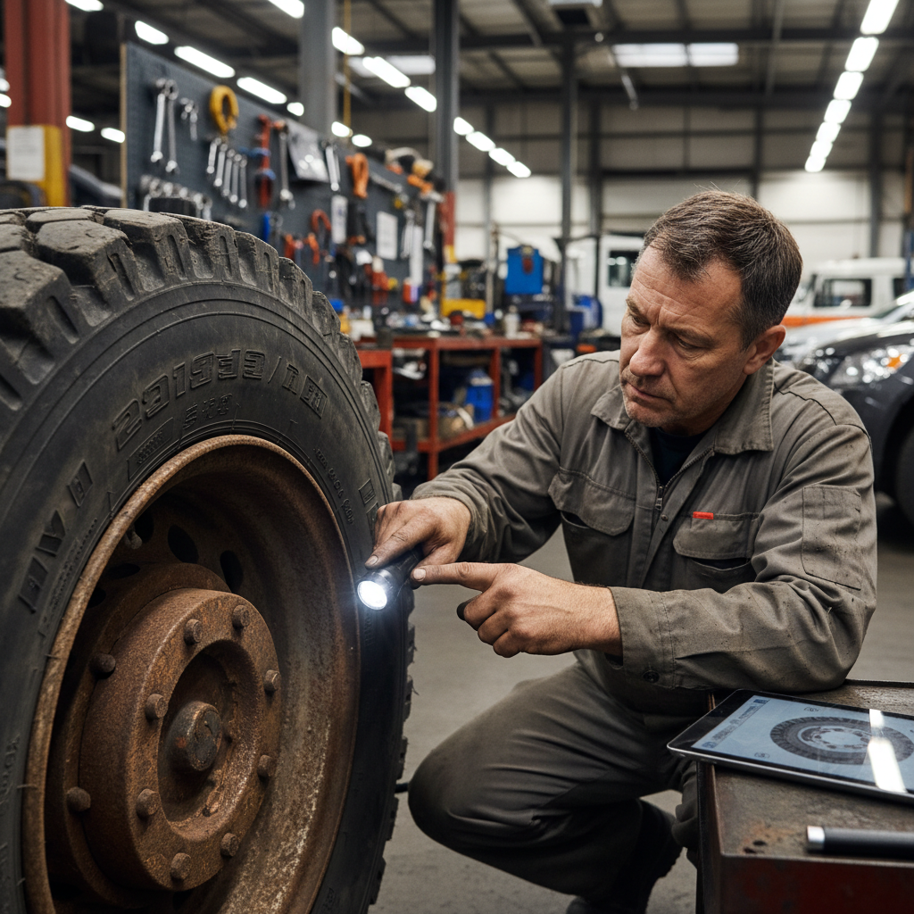 Mechanic examining abnormal tire wear patterns on a truck tire