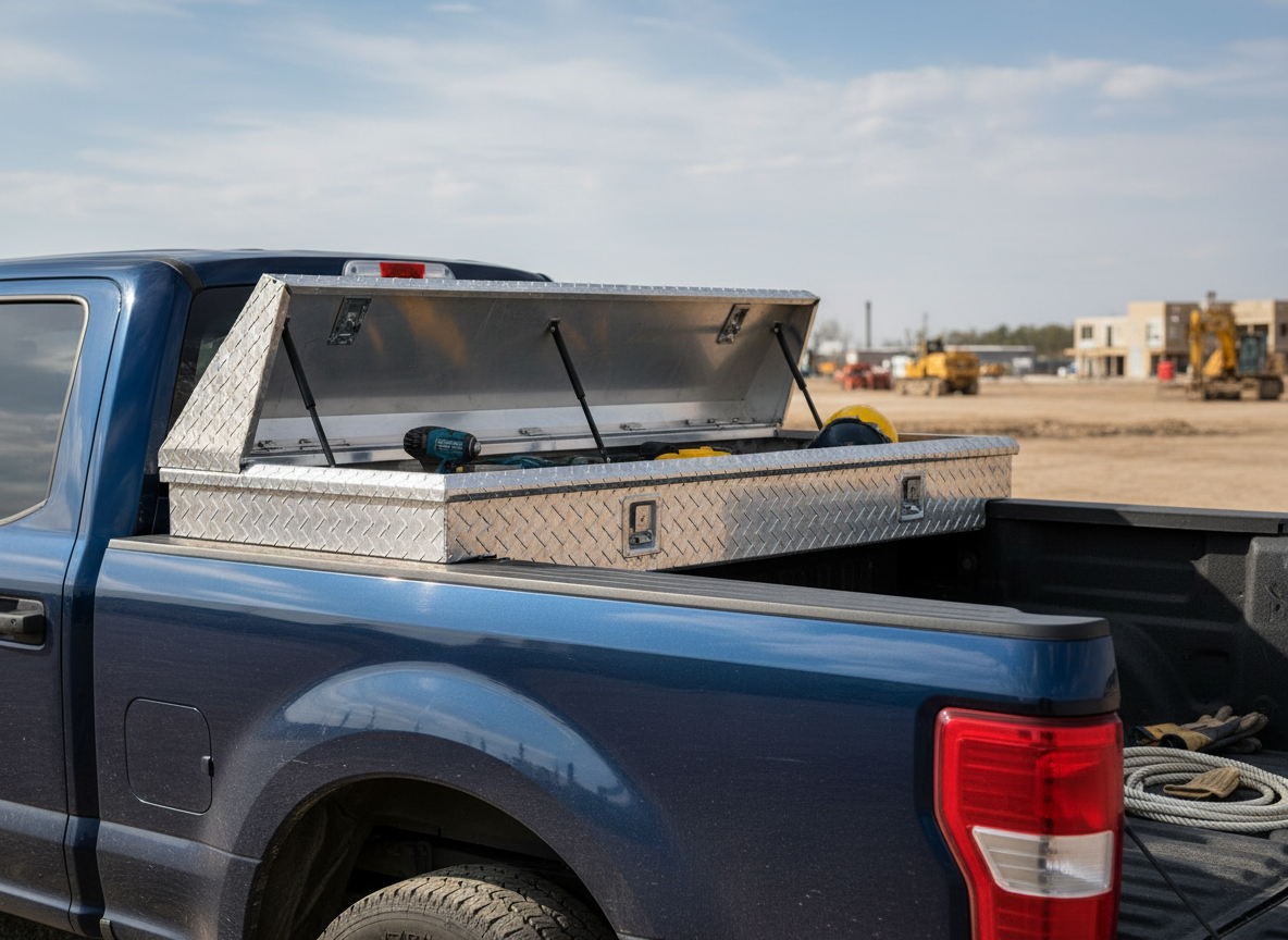 Heavy-duty aluminum cross-bed toolbox mounted in a truck bed