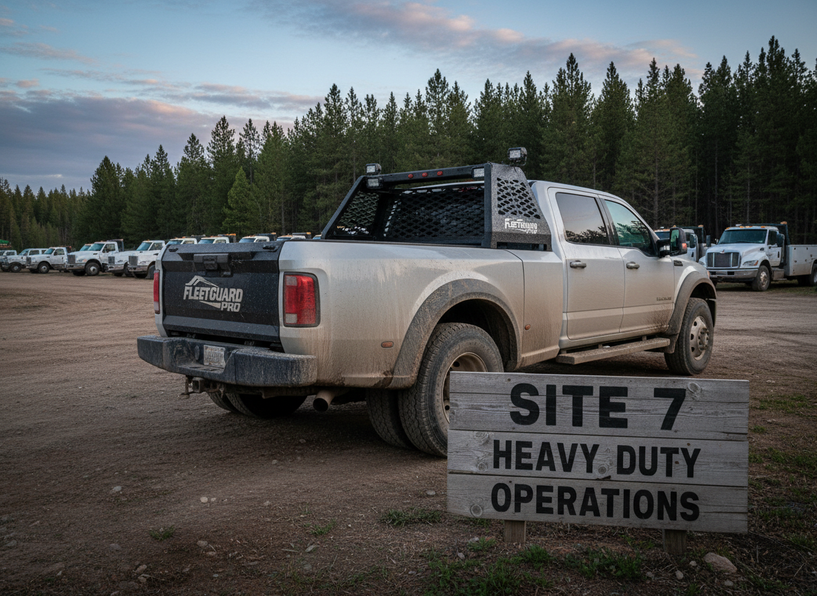 Steel headache rack mounted behind the cab of a heavy duty work truck