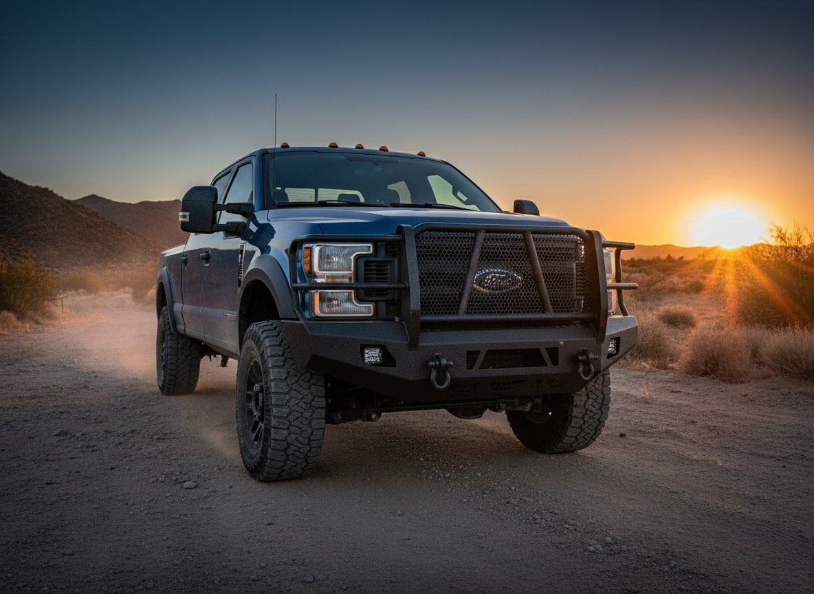 Heavy-duty steel front bumper and grille guard installed on a work truck