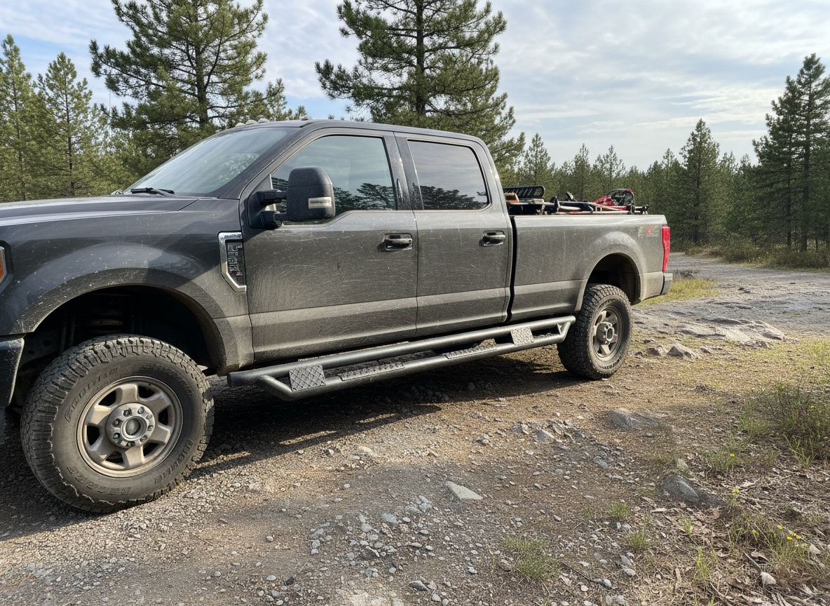 Heavy-duty running boards and nerf bars installed on a work truck