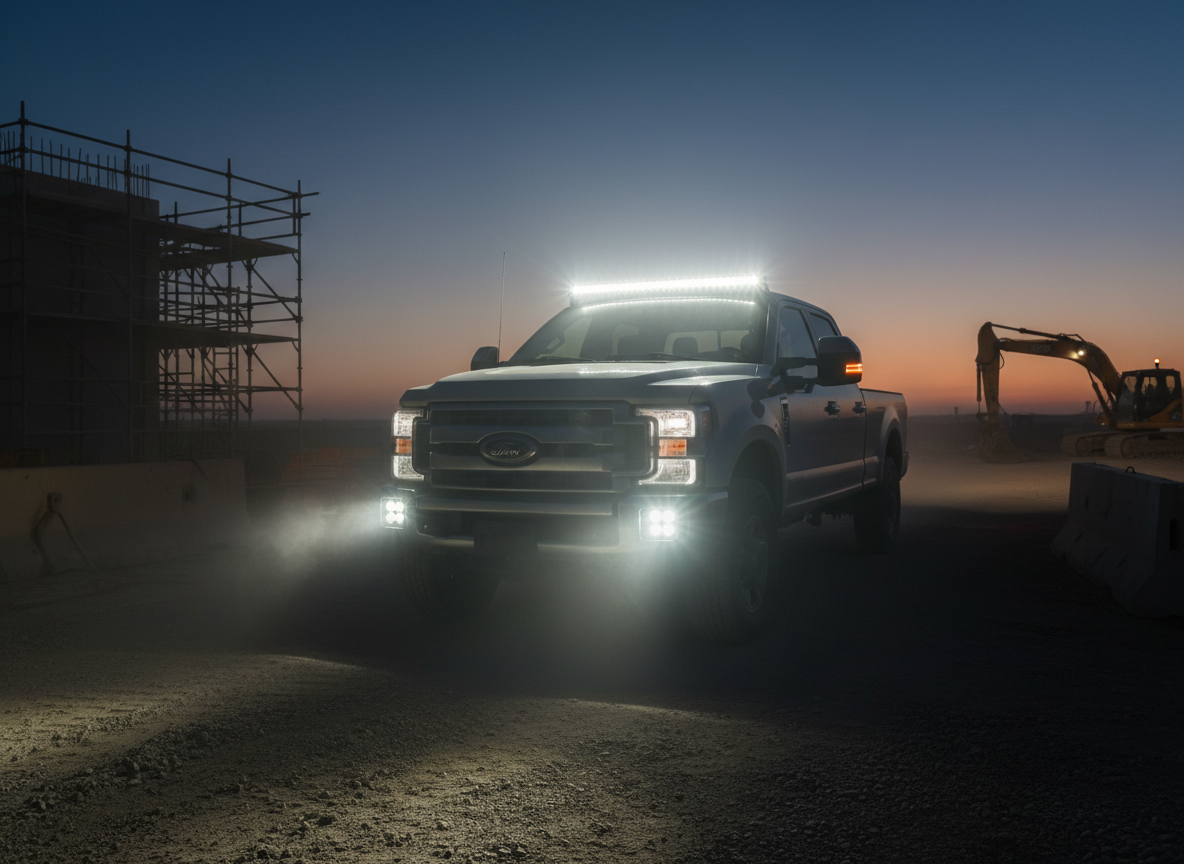 LED light bar and auxiliary work lights mounted on a work truck roof and bumper