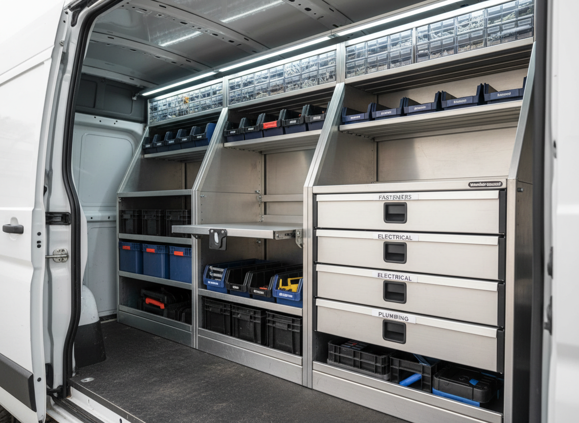 Interior of a commercial work van with professional aluminum shelving, drawer units, and organized storage compartments