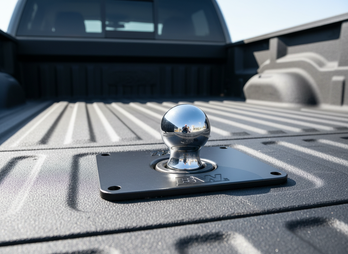 Close-up of a heavy-duty gooseneck hitch installed in a truck bed